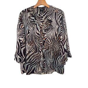 Doncaster Collection Zebra Print Silk Blouse size 14W plus brown Button-Down
